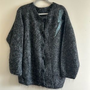 Hand knit charcoal and metallic cardigan with lightning bolt, size 1x/2x